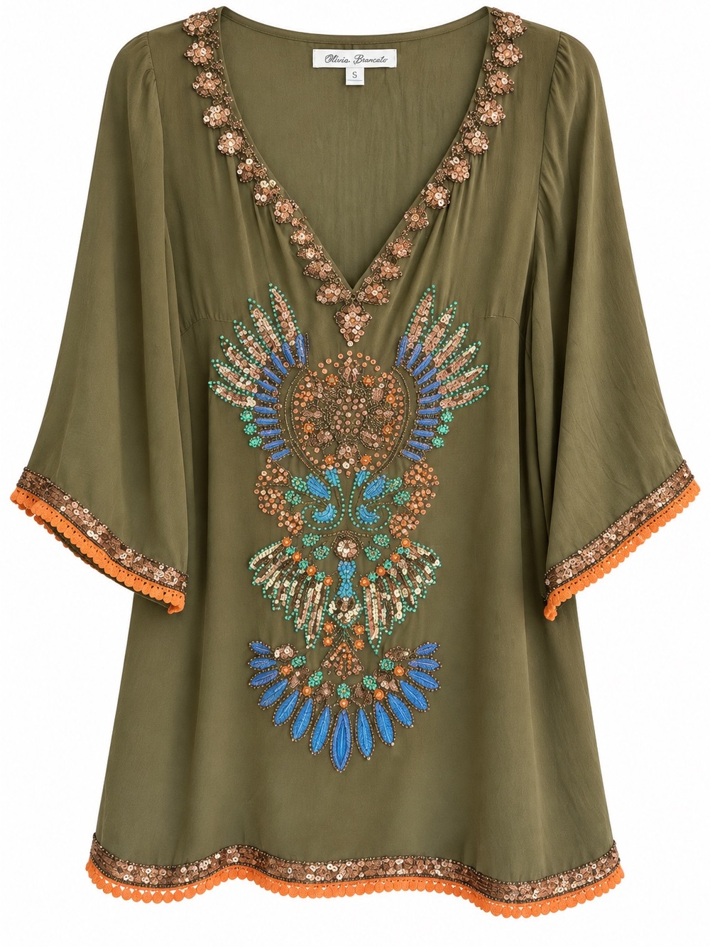 Blue Tassel Silk Beaded Green/Brown Embellished V-Neck Tunic Top